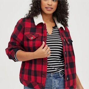 Torrid NWT 00 Medium Large Buffalo Plaid Red Black Trucker Jacket Coat Faux Fur